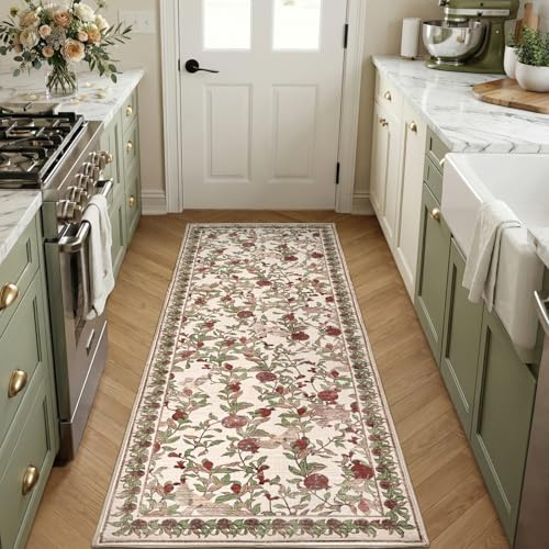 TOPICK Vintage Küchenteppich Läufer Flur Küchenläufer 60x180 Rot Beige | waschbar floral Teppichläufer brücken Teppich Läufer Blumen floral rutschfest cottagecore Flurteppich lang Kitchen Runner Rug