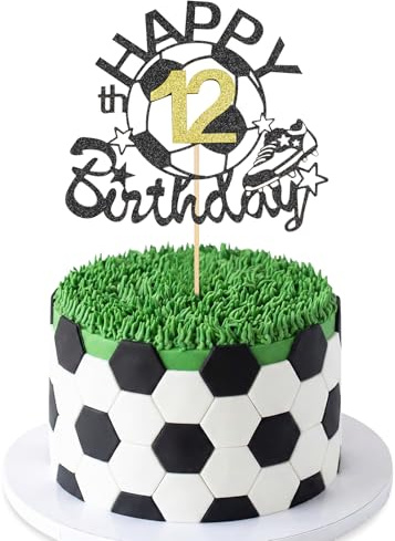 Happy 12th Birthday Football Cake Topper, Black Gold Glitter 12 Years Old Cake Decorations, Birthday Soccer Theme Party Decoration for Boys (12th)