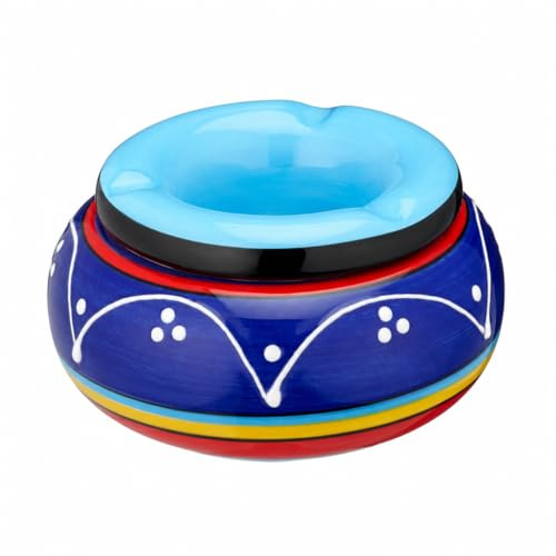 MIJOMA Sturmaschenbecher Windaschenbecher, Blau – Fiesta-Design, Ø11 cm | aus Dolomit, Keramik-Tischaschenbecher mit Deckel, wetterfest witterungsbeständig, für Innen- & Außenbereich (