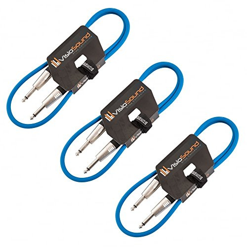 VisioSound 3 x Guitar Lead 6.35mm Mono Jack to Jack/Instrument Cable / 3 Colours / 3 Pack 1m Blue