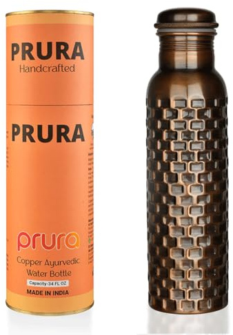 PRURA Gourde en cuivre pur de conception Black Bricks pour boire – Gourde d’eau de voyage pour le gym, le bureau, la randonnée, l’extérieur – Bouteille ayurvédique sans joint, anti-fuite
