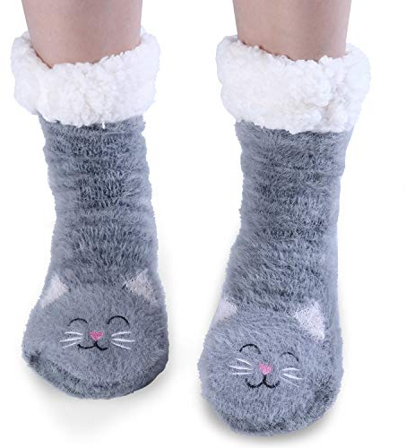 Jeasona Chat Chausson Chaussette Femme 35-38 Pantoufle Chaussette Chausson Chaudes Antidérapante Polaire Hiver Cadeau Chat Femme Noel