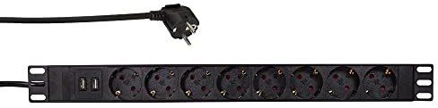LogiLink Professional PDU8C02 - 19 Steckdosenleiste mit 8x Schutzkontaktbuchsen (CEE7/3) in 45° Anordnung + 2 USB (Typ-A je 2,1A), mit Überlastungsschutz