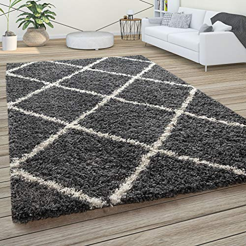 Paco Home Hochflor Teppich Wohnzimmer Schlafzimmer Shaggy Skandinavisch Rautenmuster, Grösse:140x200 cm, Farbe:Anthrazit