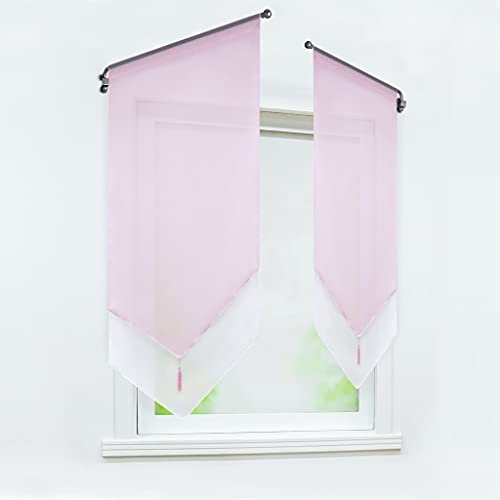 Delien Scheibengardine Modern Kurzstores Voile Türgardine Bistrogardinen Zweifarbig Gardinen Doppelschicht Kurzgardinen mit Quaste Vorhang Kurz mit Tunnelzug BxH 40x90cm,Rosa