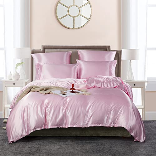 Luofanfei Bettwäsche Rosa 135x200 2er Set Satin Seide Glänzend Glatt Bettwäsche Set Luxus Glanzsatin Pink Hellrosa Einfarbig Microfaser Bettwäsche-Sets Bettbezug Einzelbett mit Reissverschluss