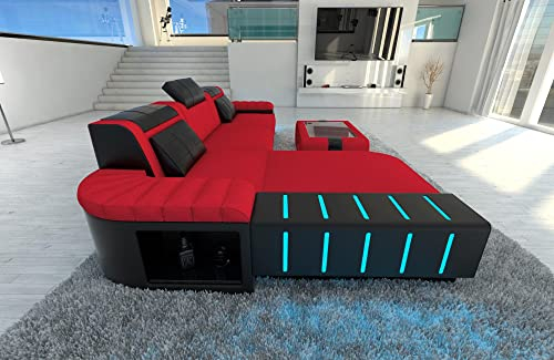 Sofa Bellagio L Form Stoffsofa Ecksofa - mit LED Beleuchtung, verstellbare Kopfstützen, Recamiere/Mikrofaser/Ausrichtung wählbar (Ottomane Links, Rot-Schwarz C134)