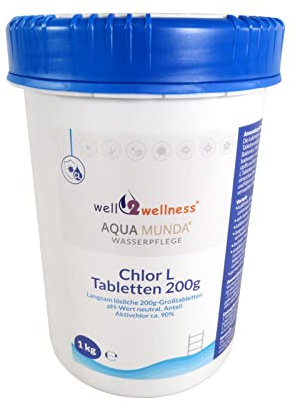 Aqua Munda Wasserpflege Premium Pool Chlortabletten 200g langsamlöslich 1kg | 90% Aktivchlorgehalt