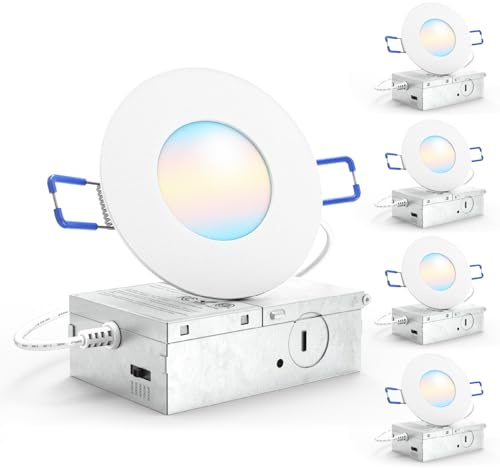 Sunco 3 Inch Recessed LED Lights, Ultra Thin Ceiling Lighting, 500 LM, 8W (50W Equivalent), Selectable CCT 2700K/3000K/4000K/5000K/6000K, Dimmable, Wafer Thin, Canless with Junction Box 4 Pack.