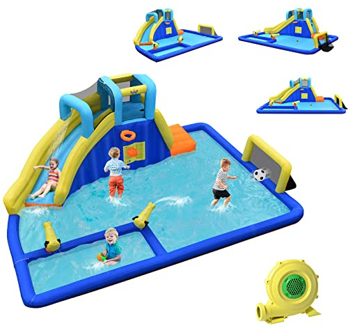 COSTWAY Château Gonflable avec Toboggan et Souffleur 680W, Aire de Jeux Gonflable avec Piscine et Mur d’Escalade, Canon à Eau et Panier, Intérieur Extérieur, 3-12 Ans