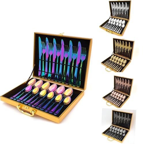 Faizee Möbel | Besteckset 24-tlg. [Wooden Box] | Edelstahlbesteck für 6 Personen | Hochglanzpoliertes Cutlery Set | Spülmaschinenfest & rostfrei | Edles Tafelbesteck in Regenbogenfarben