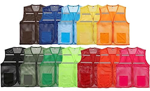 ZUMAHA Sicherheitsweste vorne und hinten, reflektierende Streifen, Netz-Reflektorweste mit Taschen, Reißverschluss für freiwillige Bauarbeiter