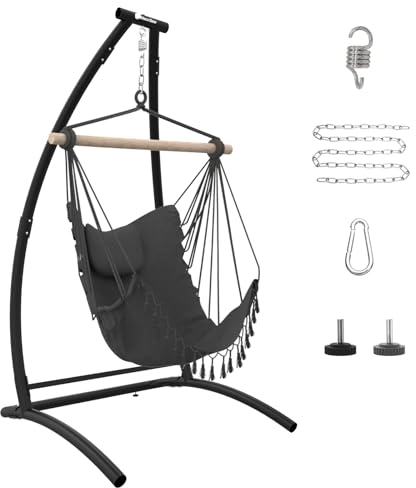 C Type Hängesessel mit Gestell, Schwarz Hängemattengestell und Grau Hängeschaukel, Stoffschaukel mit Bequemen Kissen, Hängesessel Outdoor, Hängemattenständer für Balkon, Terrasse, hält bis zu 150kg