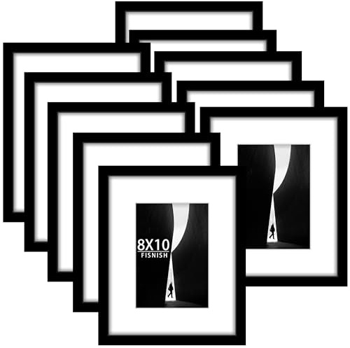 Fisnish 8x10 Picture Frame Sef of 10, Display Pictures 5x7 with Mat or 8 x 10 Without Mat, Photo Frame Collage for Wall Gallery Decor, Hanging or Tabletop Display, Black