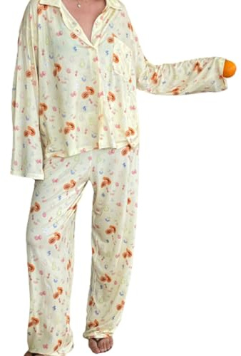 EsprAL 2-delad blommig pyjamas för kvinnor, långärmad skjorta och byxor med knäppning, fin pyjamas med frukttryck för kvinnor, Gult, M