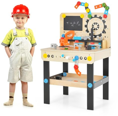 GOPLUS Kinderwerkbank mit Arbeitsplatte, hängendes Werkzeugregal & offene Ablage, Werkzeugbank aus Holz mit 6er Werkzeuge & 75 Holzteile, Holzwerkbank für Kinder ab 3 Jahre