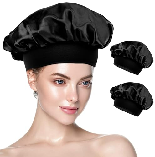 Yiows Silk Bonnet Seidenhaube zum Schlafen, 2 Stück Satin Haarhaube aus Seide, Haarwickel, Schlafmützen für Frauen und Mädchen(schwarz,schwarz)