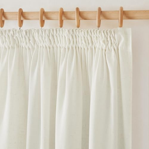 PONY DANCE Vorhang Leinen Kräuselband Gardinen Wohnzimmer 2er Set H 145 x B 140 cm Leinenoptik Gardinen mit Kräuselband Boho Leinenvorhang Halbtransparent Gardine Leinen, Elfenbeinweiß