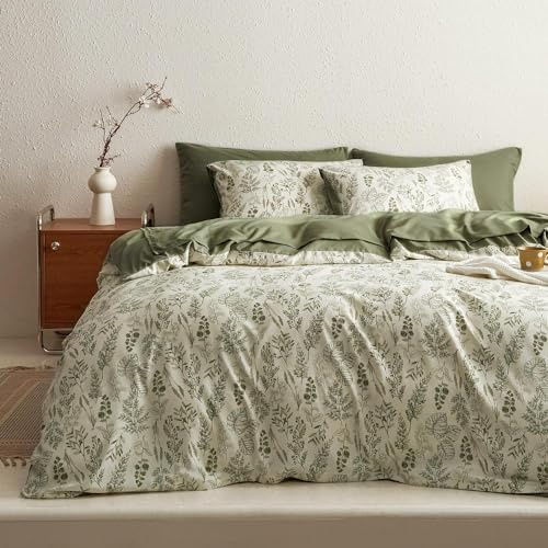 Sedefen Bettwäsche 135x200cm 4teilig Grün Olivgrün Weiß Blätter Wendebettwäsche Set Botanisch Pflanzen Blumenmuster Weich Microfaser ÖKO-TEX 2 Bettbezug mit Reißverschluss und 2 Kissenbezüge 80x80cm