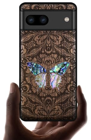 Carveit Handcrafted Case for Pixel 8 (BButterfly-Walnut) | Google Pixel 8 Cover, Wood Engraved & Shell Inlaid, TPU Shockproof Bumper, Wireless Charging Compatible