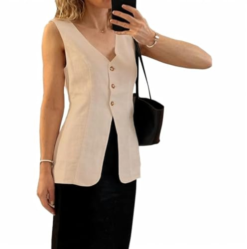 Melliflo Gilet estivo lungo da donna in lino, casual, senza maniche, con scollo a V, con bottoni, con tasca, Albicocca, M