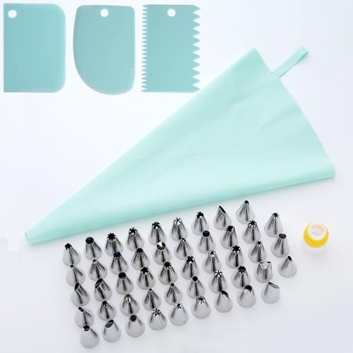 53 Stück Spritztüllen Set, Spritzbeutel Wiederverwendbar Mit Tüllen (48 Tüllen +3 Teigschaber), Torten Zubehör Mit Spritztüllen Edelstahl Für Torten Dekorieren, Kuchen