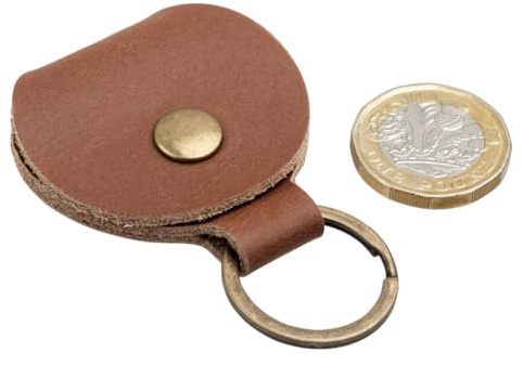 Genuine Tan Leather Pound Pouch for £1 Coin, 1 euro/Trolley Token Fob Keyring Pound Pouch Keychain Key Ring Holder