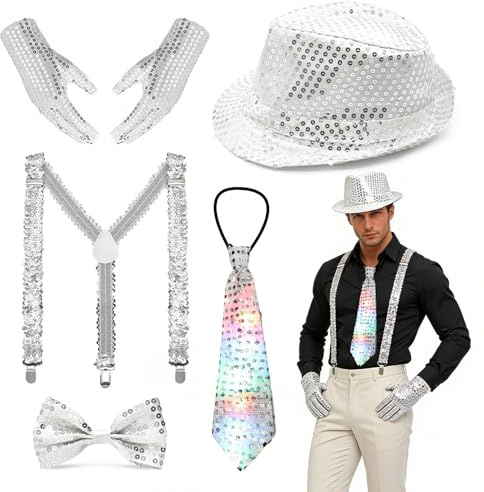 Xerteam Glitzer Outfit Herren, Pailletten Kostüme Herren mit Glitzer Hut Fliege Krawatte Y-Back Hosenträger Silber Gläser, Disco Kostüm Accessoires für Fasching Disco Retro-Party