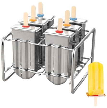 Moldes para paletas de acero inoxidable – Molde reutilizable para paletas | 6 moldes de helado de acero inoxidable con 100 palitos de madera, máquina de polos de hielo con base de soporte para uso