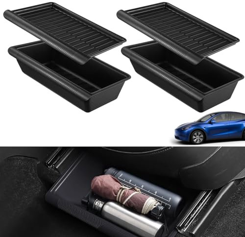 SWEWARM 2 Pcs Under Seat Organizers, Underseat Storage Boxes with Lids for Tesla Model Y 2023-2021, Waterproof Underseat Hidden Storage Tray Bins for Accessories, Non-Slip Car Front Seat Drawer Boxes