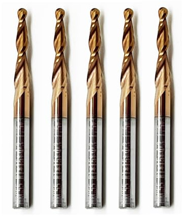 Hwaynct 5Pcs Tapered Ball Nose End Mill Set, 1/8” Shank, 1.0mm Radius (2.0mm Diameter) Tips, Premium CNC Router Bits for Precision 3D Woodworking and Detail Carving