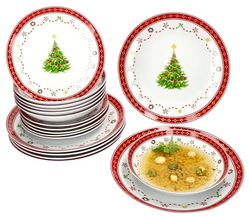 MamboCat Weihnachtstraum Lot de 18 assiettes I 6 personnes I Service de table à dîner avec décor de Noël I 6 assiettes plates, assiettes creuses et assiettes à gâteau en porcelaine