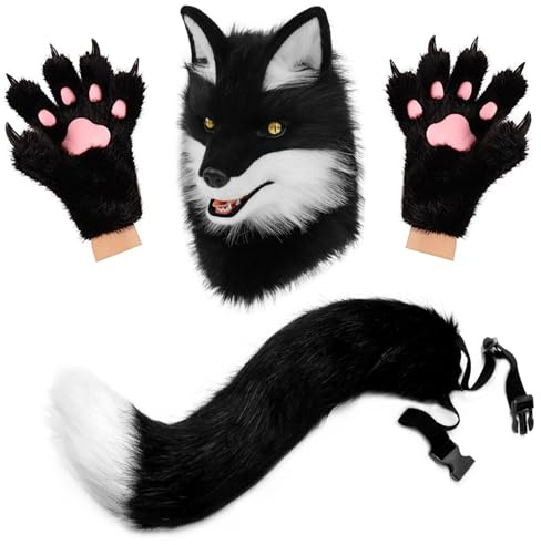 hbbhml Neuheit Maske Kunstfell Schwanz Kralle Handschuhe Halloween Party Dress Up Wolf Hund Tier Kopf Masken Anzug