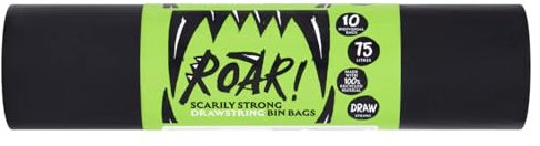 Roar! Bin Bags 75 Litres, 10 Double Drawstring Ultra Strong Black Refuse Sacks, 100% Recycled Plastic, Everyday Use, Household, Office & Kitchen Waste