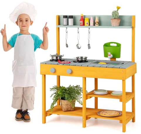 COSTWAY Cocina Infantil de Madera, Juego de Cocina de Exterior con Caja de Agua Desmontable, Grifo Realista y Fregadero Desmontable, Divertida Cocina de Juguete de Patio para Niños y Niñas (Naranja)
