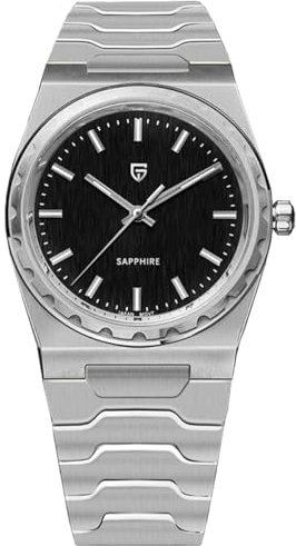 Pagani Design Herrenuhr Saphir Edelstahl Quarzuhr 100M wasserdicht 7MM ultradünne Herren-Kleideruhren (Silber Schwarz)