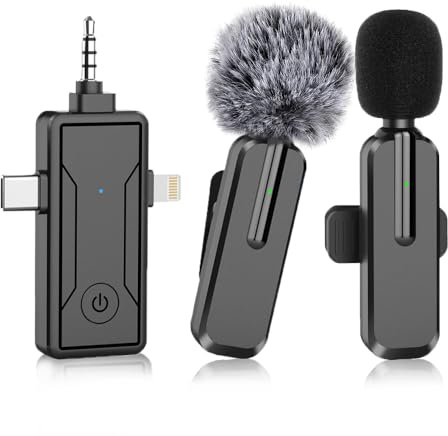 aiworth Confezione da 2 microfoni lavalier senza fili – Microfono professionale a clip per iPhone Android fotocamera – Mini microfono a collo per interviste video in streaming e creazione di contenuti
