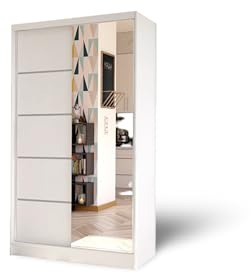 ELUKS - DELIN Sliding Doors Wardrobe with Mirror Furniture for Bedroom Living Room and Hall Wardrobe Organizer Width 100cm/120cm/150cm/180cm/200cm/WHITE/BLACK/OAK (White, 100cm)