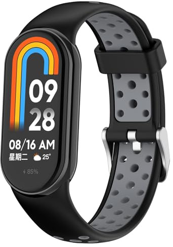 QJONSIU Klockarmband för Xiaomi Smart Band 10, Andningsbar Sportband i Silikon, Tvåfärgad Rem, Ersättningsrem för Xiaomi Smart Band 10-Svart/Grå