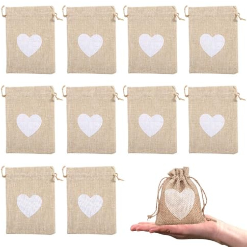 Juguta 10Pcs Motif de Coeur Sachets en Toile de Jute Pochettes 10 * 8CM, Petit Pochon Dragees pour Dragees Mariage pour Bonbons Adeaux Cadeau Baptême Anniversaire Noël Pâques