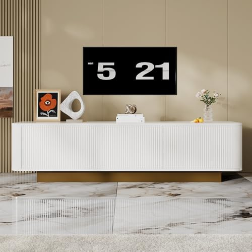 Idemon Mueble bajo para TV moderno con espacio de almacenamiento, diseño redondeado, gestión de cables, parte frontal con textura, color blanco – consola multimedia de MDF para sala de estar