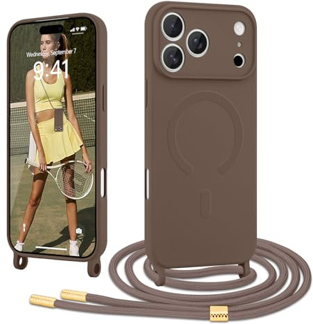 Ethanger Handyband für iPhone 17 Pro Hülle mit Band, Braun | Kompatibel mit Magsafe, Flüssig Silikon Necklace Handyhülle, Magnetische Schutzhülle zum Umhängen Kordel
