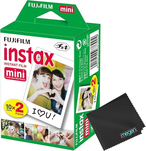 Fujifilm Mini Instant Film (White) for Mini Cameras 8,9,11,12,50s, 25, 7s, 90, 300, Instax Mini Link W/Megen Microfiber Cloth (20 Prints)