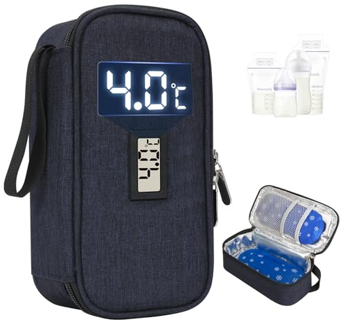 YOUSHARES Nevera Leche Materna Portatil con Indicador de Temperatura, Bolsas Leche Materna Congelar con 2 Paquetes de Hielo, Capacidad para 4 a 6 Bolsas Leche Materna para Viajes (Azul Marino)