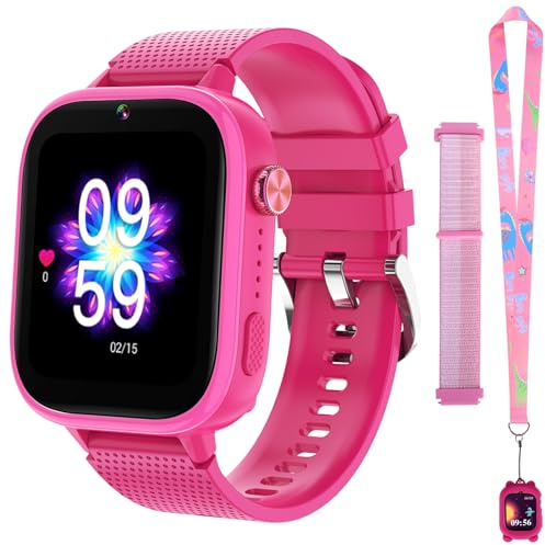 OKYUK 4G smartwatch barn med telefon och GPS, multifunktionell barnklocka med videosamtal, sportlägen, väckarklocka, integrerad appbutik, barnsmartwatch för pojkar och flickor (rosenröd)