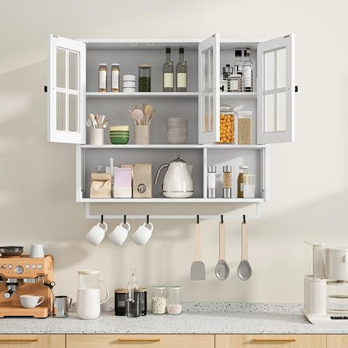 HAINEW Hängeschrank Küchenschrank Wandschrank mit 3 Glastüren und Handtuchhalter, Metal und Glas Hängend Badschrank Medizinschrank mit Offenes Ablagefach Küche Bad, 88×26×82,5cm (Weiß)