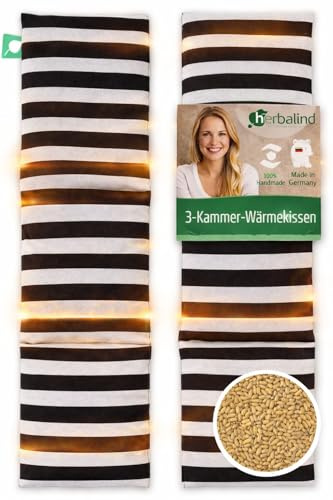 HERBALIND Kirschkernkissen 50x15 cm 3-Kammer schwarz-weiß Streifen – 630gr Kirschkerne & 100% Baumwolle - Natürliches Wärmekissen Mikrowelle & Backofen – Wärmflasche Handmade in Germany (gestreift)