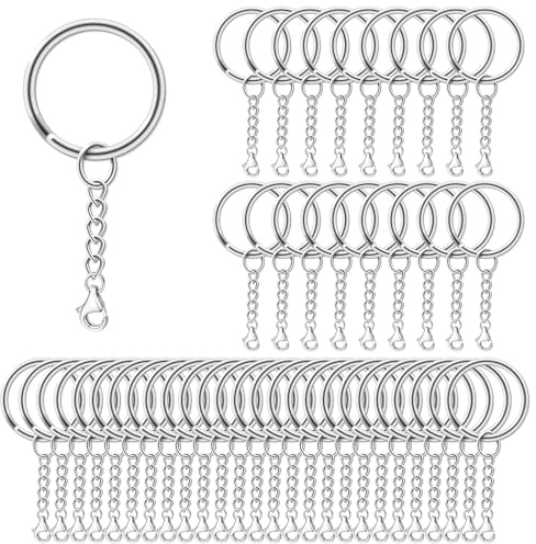 AiQInu 100 Pièces 25mm Anneaux Porte Clé avec Chaîne, Porte Clé avec Split Porte Clef, Porte Clef pour Bricolage, Loisirs - Argent