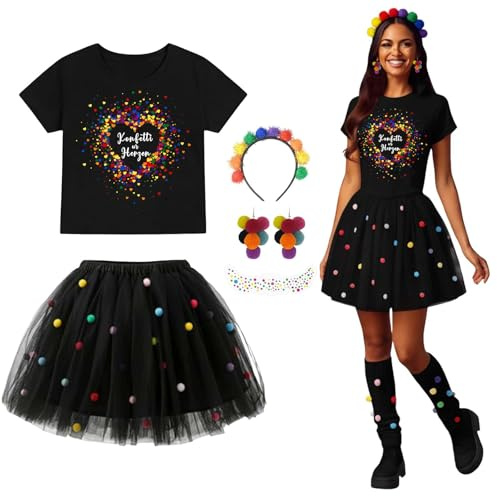 Konfetti Kostüm Damen, Konfetti im Herzen 5pcs Karneval Kostüm Damen mit Herz Druck T-Shirt, Tüllrock, Haarreif, Ohrringe, Gesichtsaufkleber Faschingskostüm Karneval Kostüme Erwachsene Outfit 2026