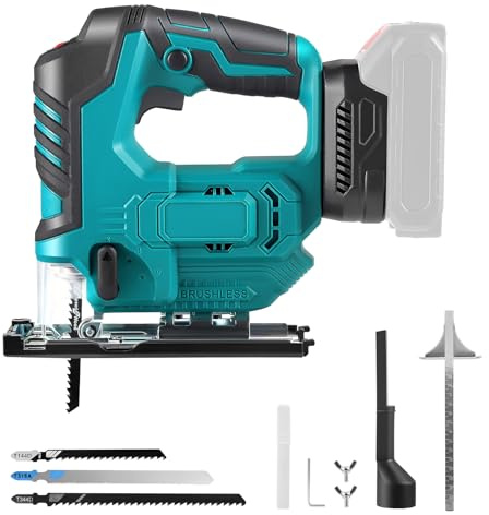 Trsaow Sierra de calar eléctrica con 3 ajustes orbitales, cortes biselados ajustables a 45°, compatible con baterías de 18 V, para cortar madera y metal (batería no incluida)